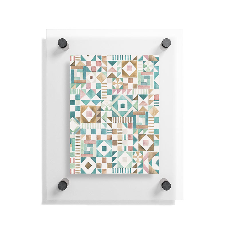 Ninola Design Charming Nostalgia Geometric Tiles Patchwork Aqua Pink Gold Floating Acrylic Print