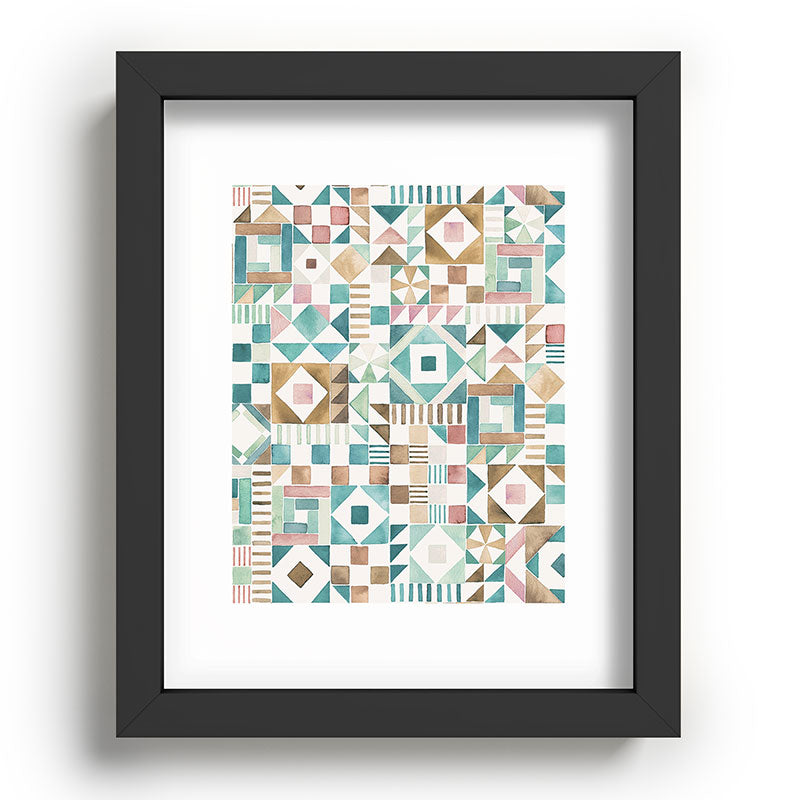 Ninola Design Charming Nostalgia Geometric Tiles Patchwork Aqua Pink Gold Recessed Framing Rectangle