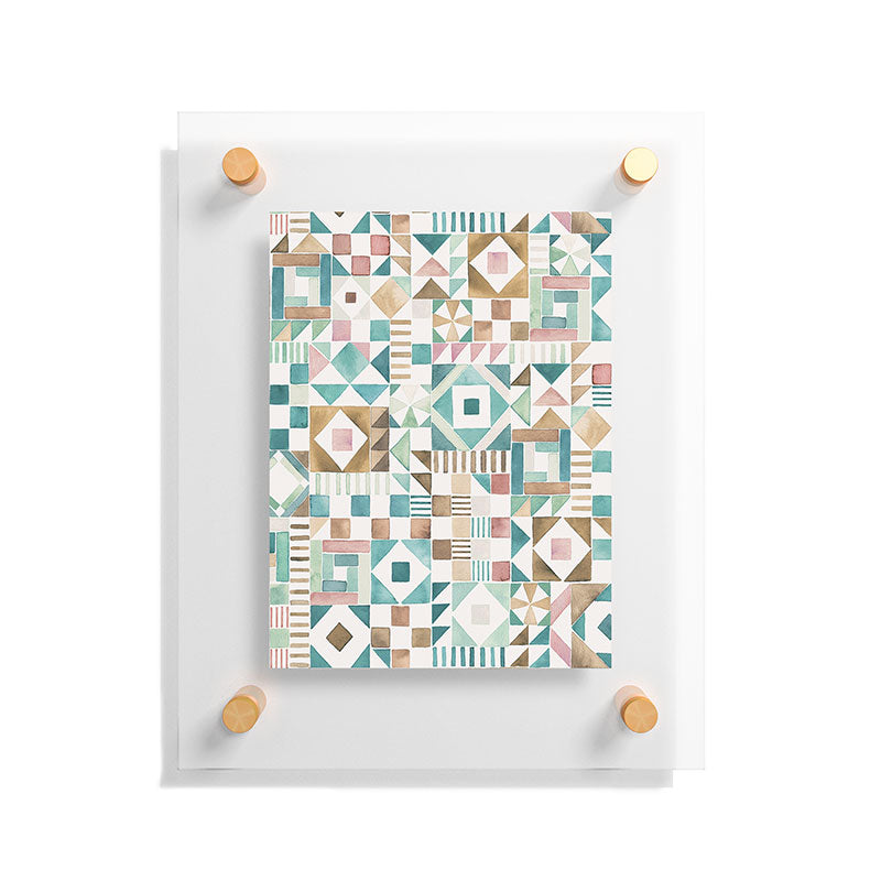 Ninola Design Charming Nostalgia Geometric Tiles Patchwork Aqua Pink Gold Floating Acrylic Print