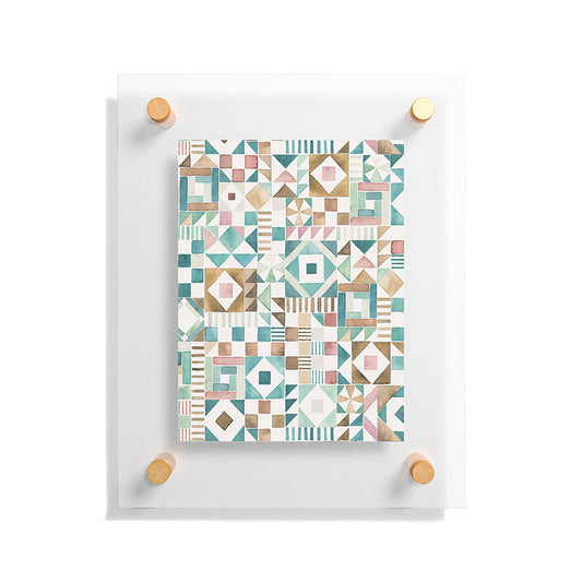 Ninola Design Charming Nostalgia Geometric Tiles Patchwork Aqua Pink Gold Floating Acrylic Print