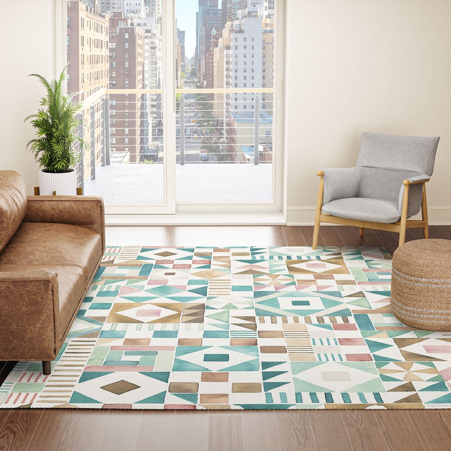 Ninola Design Charming Nostalgia Geometric Tiles Patchwork Aqua Pink Gold Area Rug