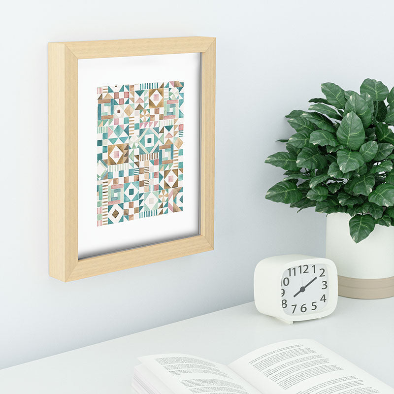 Ninola Design Charming Nostalgia Geometric Tiles Patchwork Aqua Pink Gold Recessed Framing Rectangle