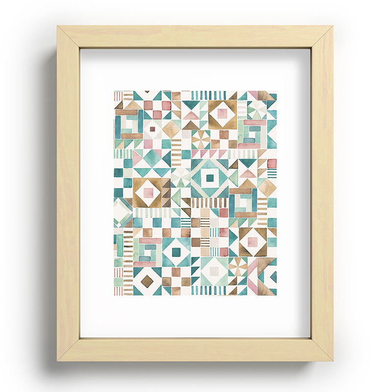 Ninola Design Charming Nostalgia Geometric Tiles Patchwork Aqua Pink Gold Recessed Framing Rectangle