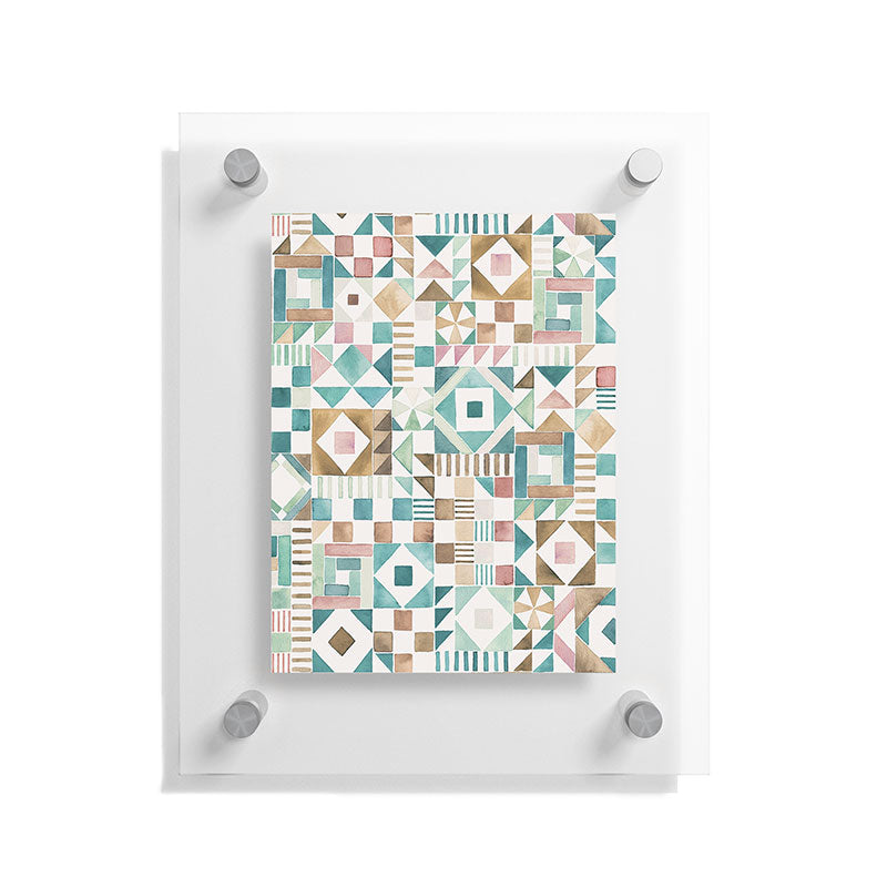 Ninola Design Charming Nostalgia Geometric Tiles Patchwork Aqua Pink Gold Floating Acrylic Print