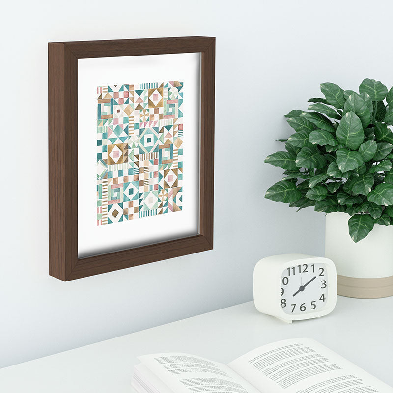 Ninola Design Charming Nostalgia Geometric Tiles Patchwork Aqua Pink Gold Recessed Framing Rectangle