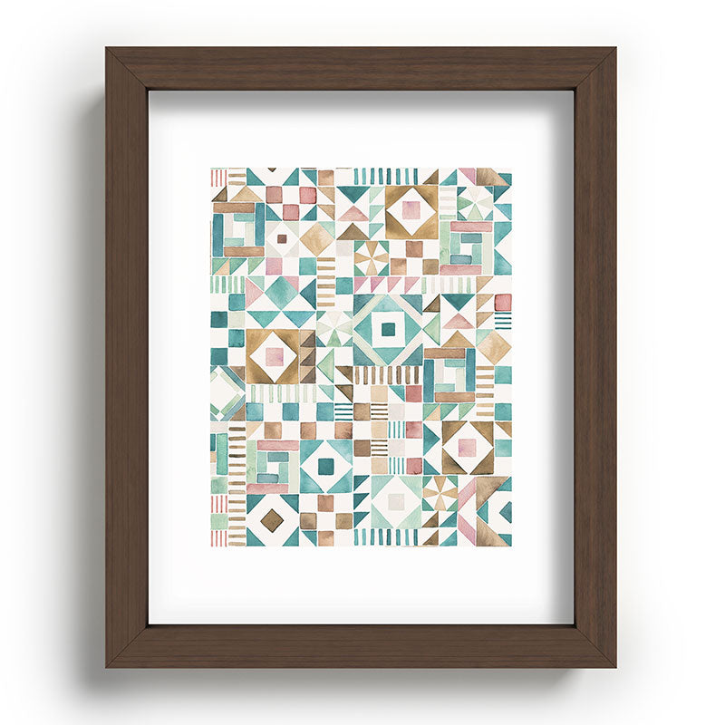 Ninola Design Charming Nostalgia Geometric Tiles Patchwork Aqua Pink Gold Recessed Framing Rectangle