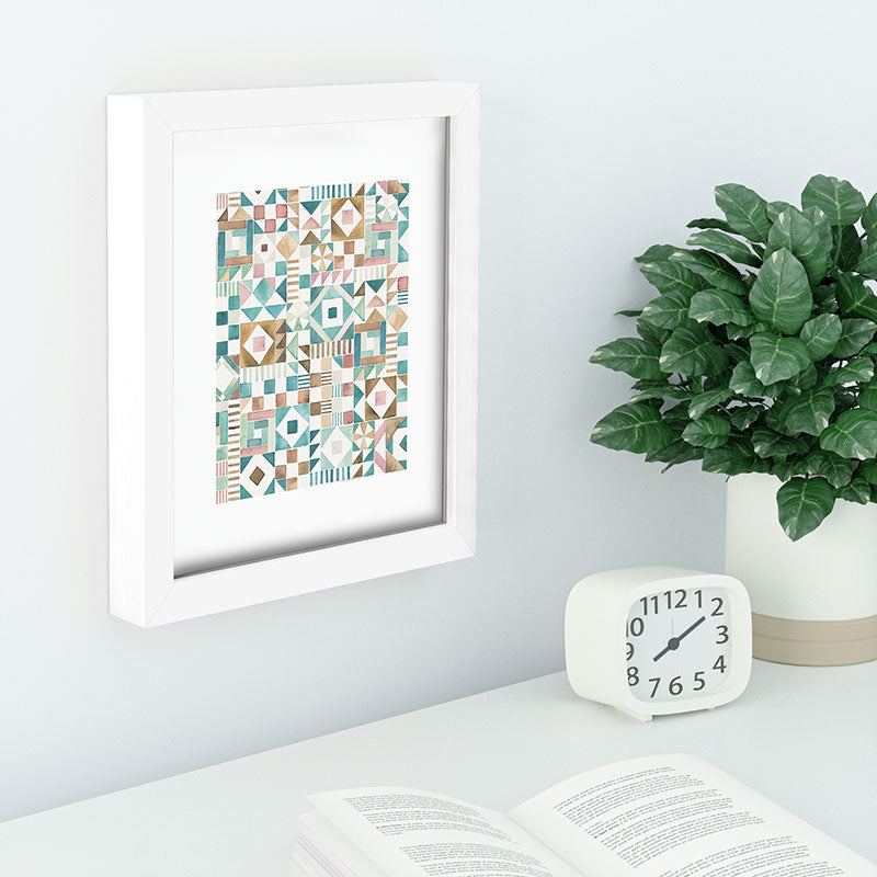 Ninola Design Charming Nostalgia Geometric Tiles Patchwork Aqua Pink Gold Recessed Framing Rectangle