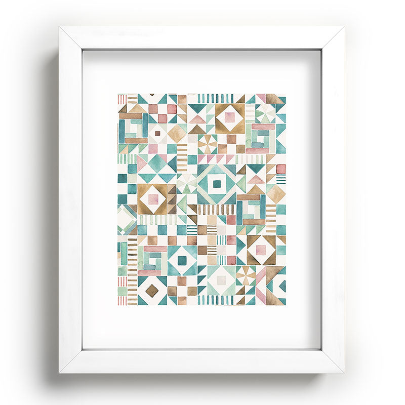 Ninola Design Charming Nostalgia Geometric Tiles Patchwork Aqua Pink Gold Recessed Framing Rectangle