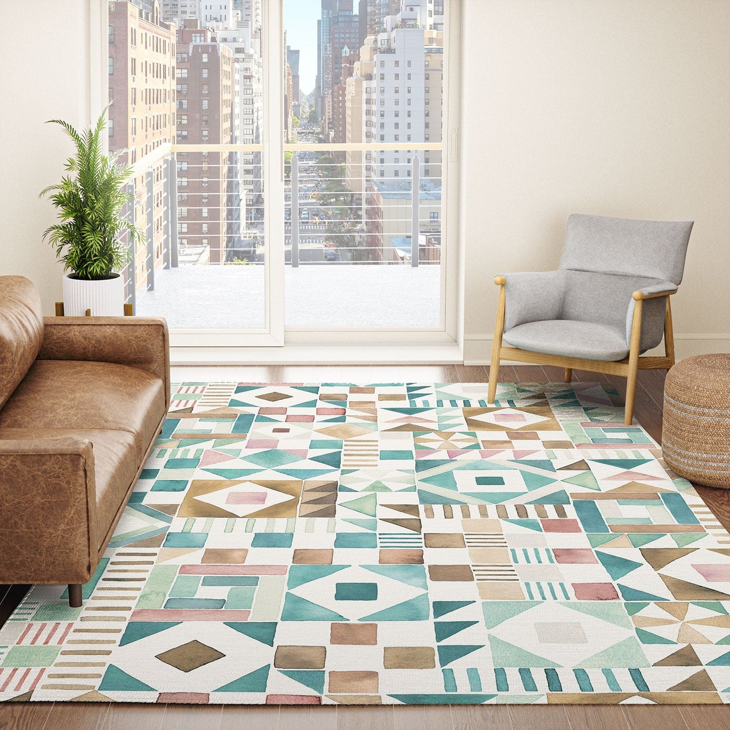 Ninola Design Charming Nostalgia Geometric Tiles Patchwork Aqua Pink Gold Area Rug