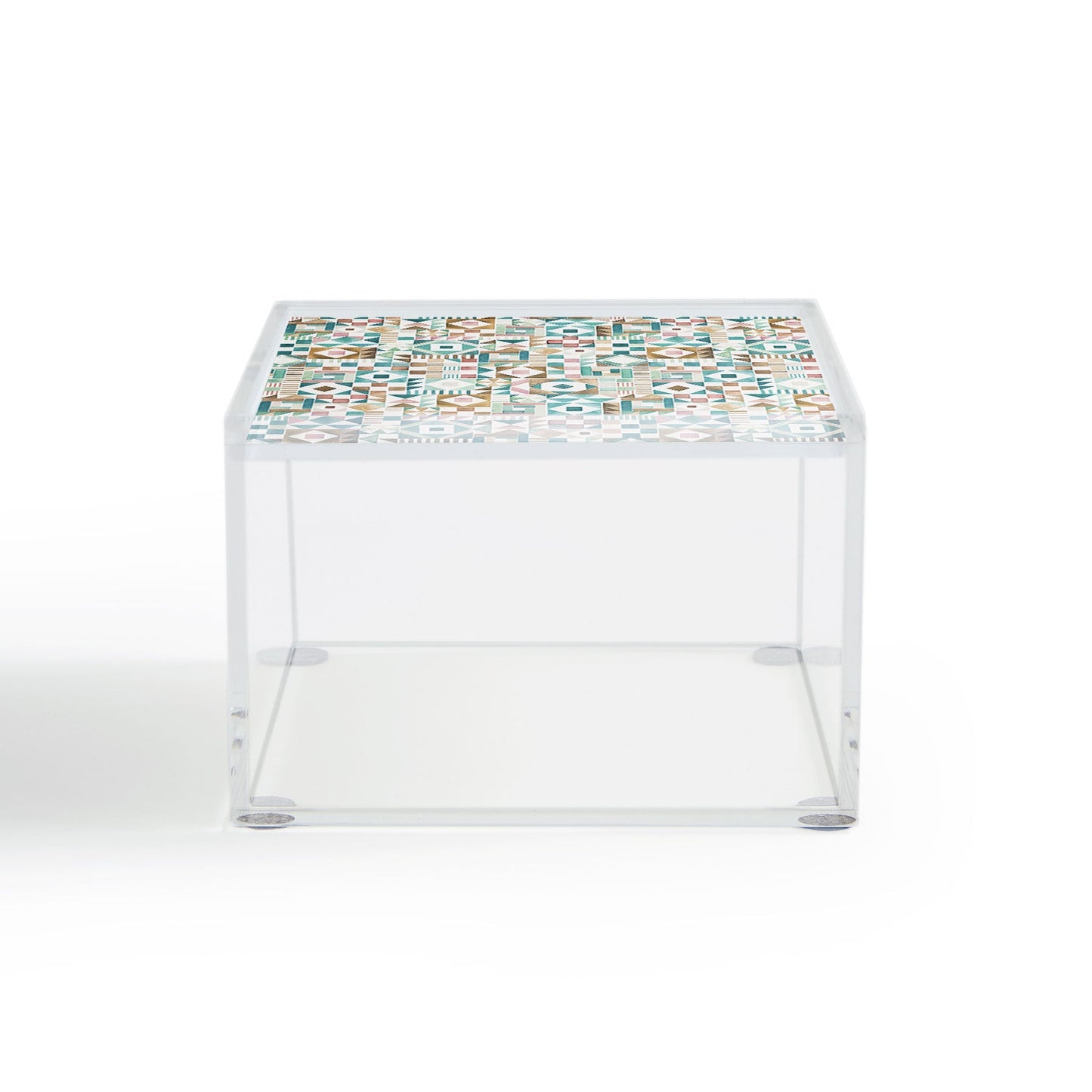 Ninola Design Charming Nostalgia Geometric Tiles Patchwork Aqua Pink Gold Acrylic Box