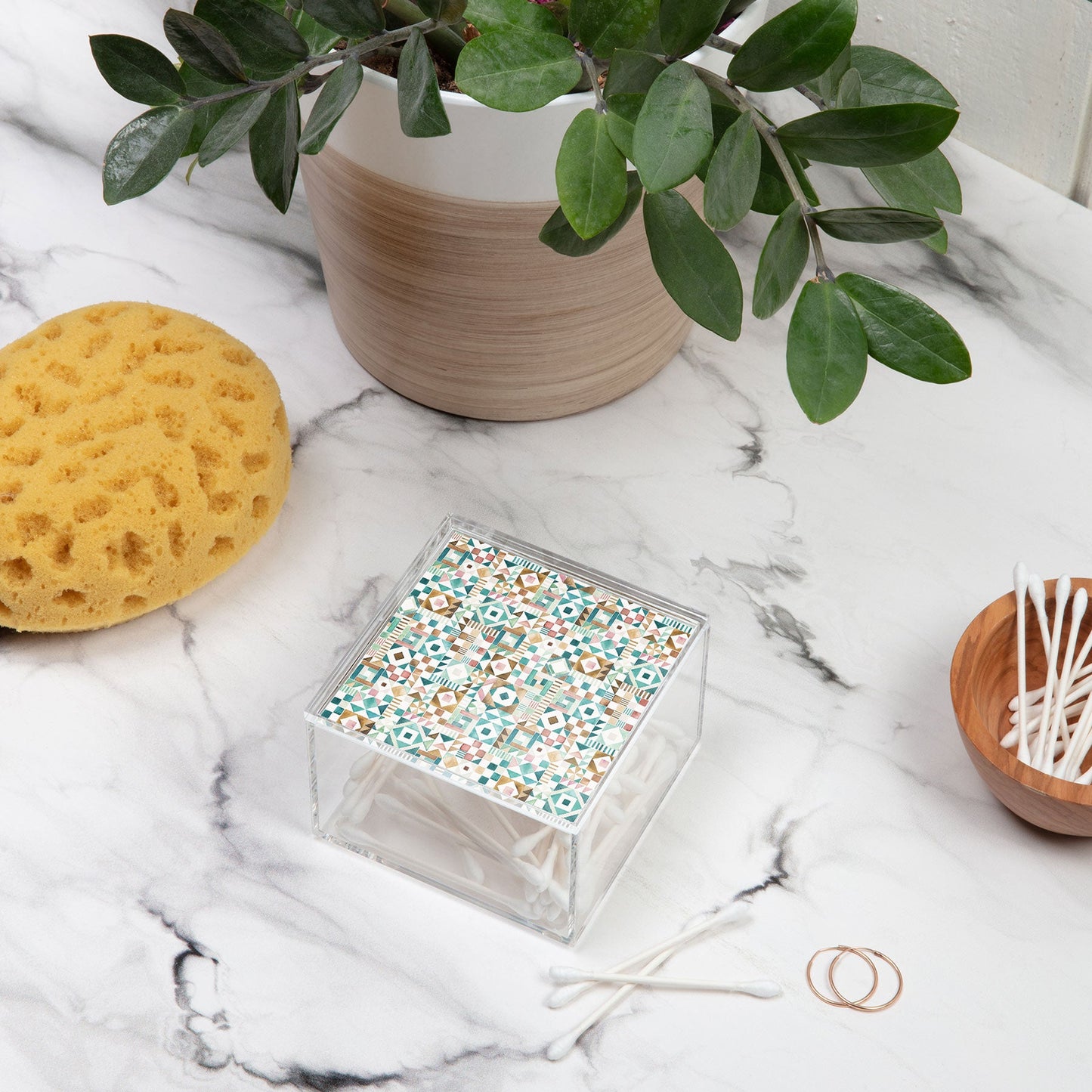 Ninola Design Charming Nostalgia Geometric Tiles Patchwork Aqua Pink Gold Acrylic Box