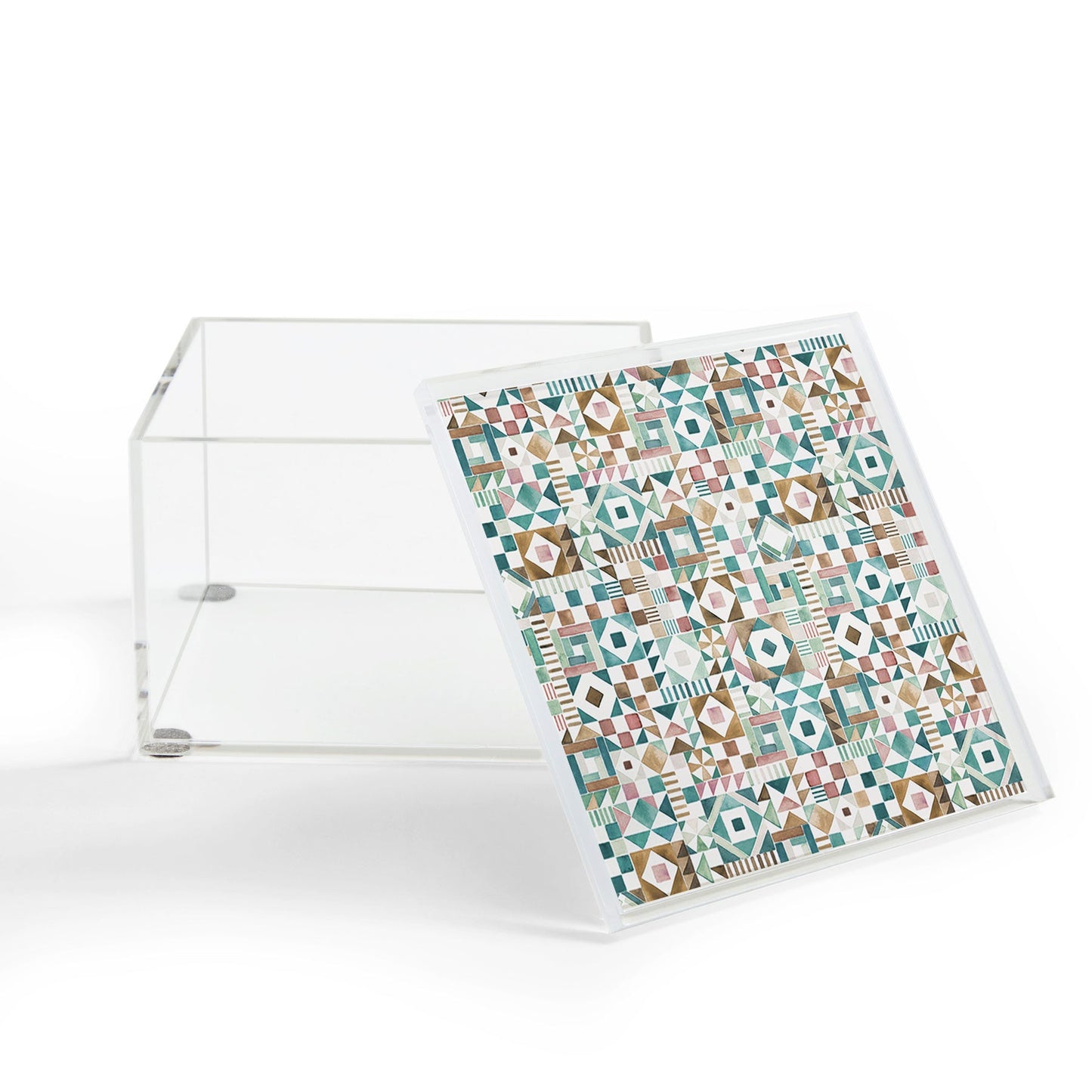 Ninola Design Charming Nostalgia Geometric Tiles Patchwork Aqua Pink Gold Acrylic Box