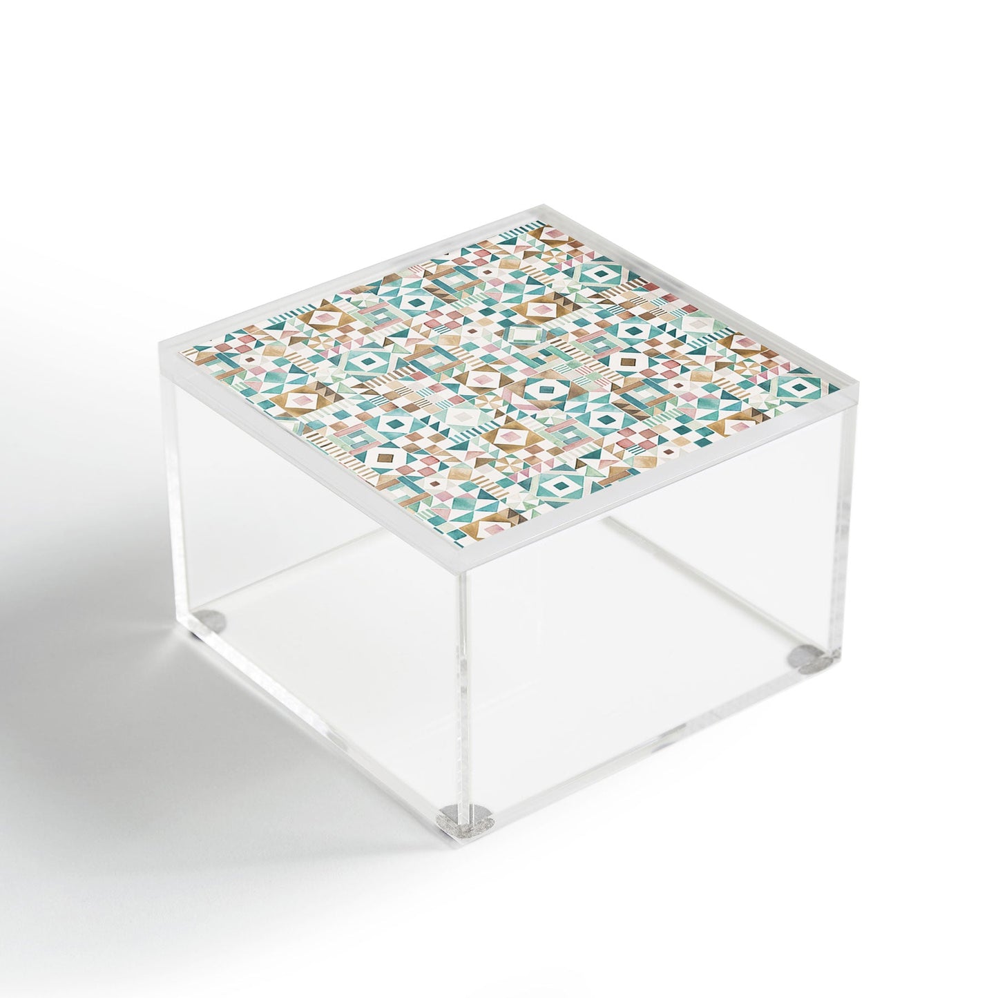 Ninola Design Charming Nostalgia Geometric Tiles Patchwork Aqua Pink Gold Acrylic Box