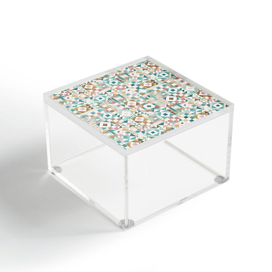 Ninola Design Charming Nostalgia Geometric Tiles Patchwork Aqua Pink Gold Acrylic Box