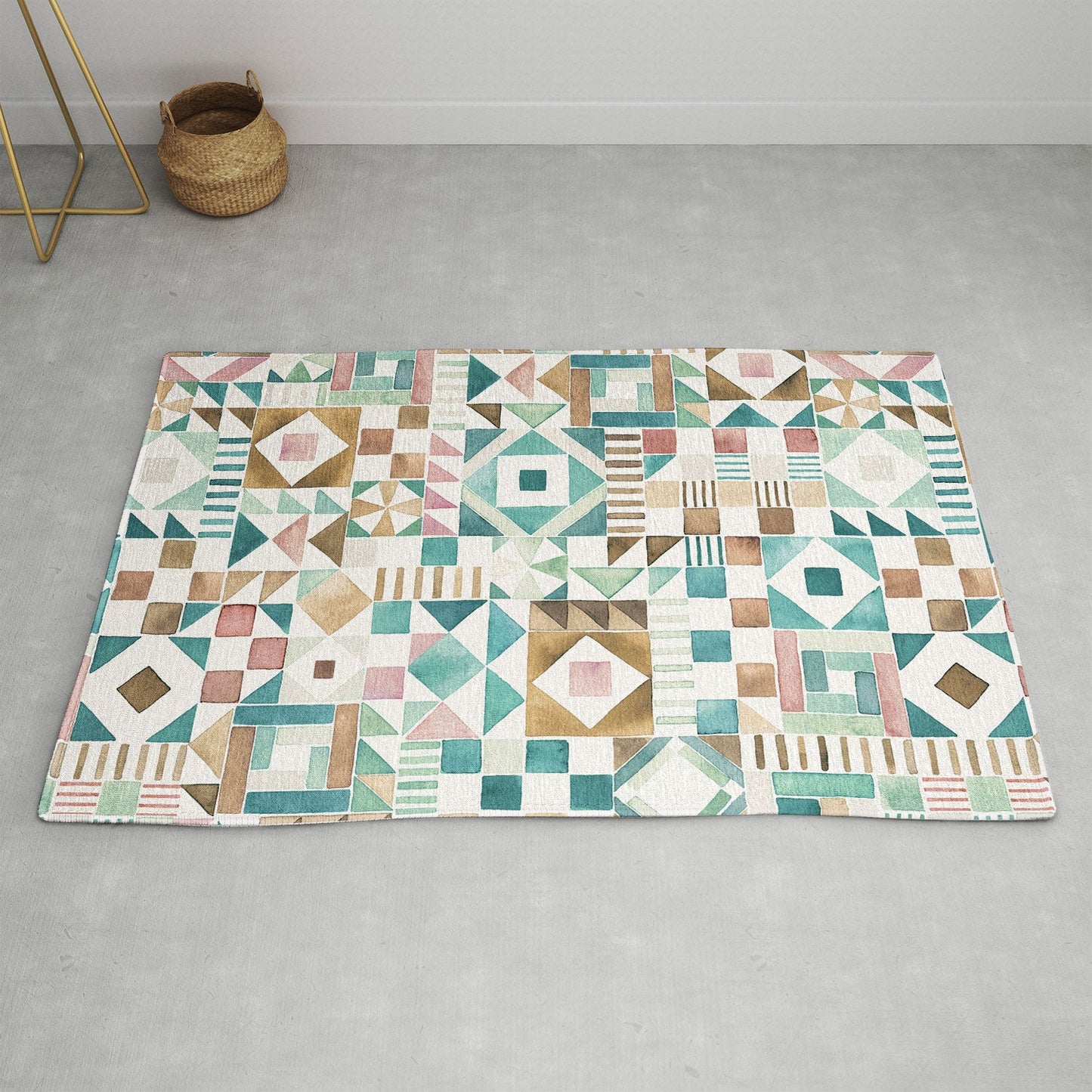 Ninola Design Charming Nostalgia Geometric Tiles Patchwork Aqua Pink Gold Area Rug