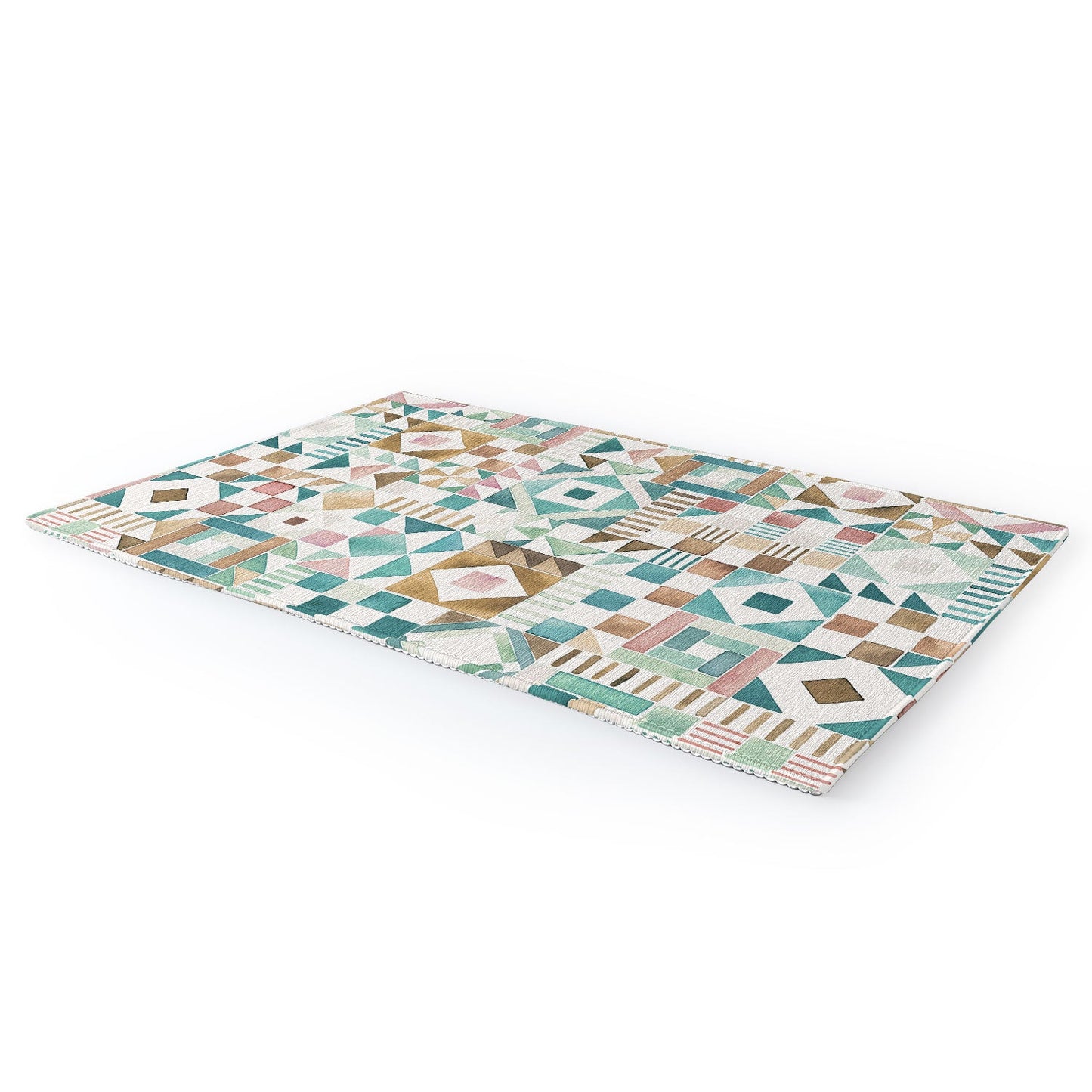 Ninola Design Charming Nostalgia Geometric Tiles Patchwork Aqua Pink Gold Area Rug