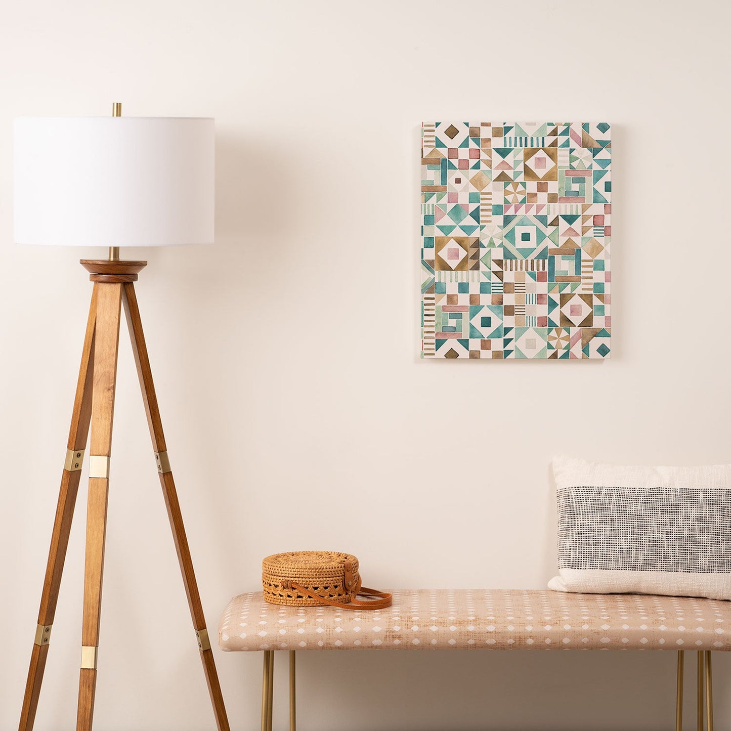Ninola Design Charming Nostalgia Geometric Tiles Patchwork Aqua Pink Gold Art Canvas