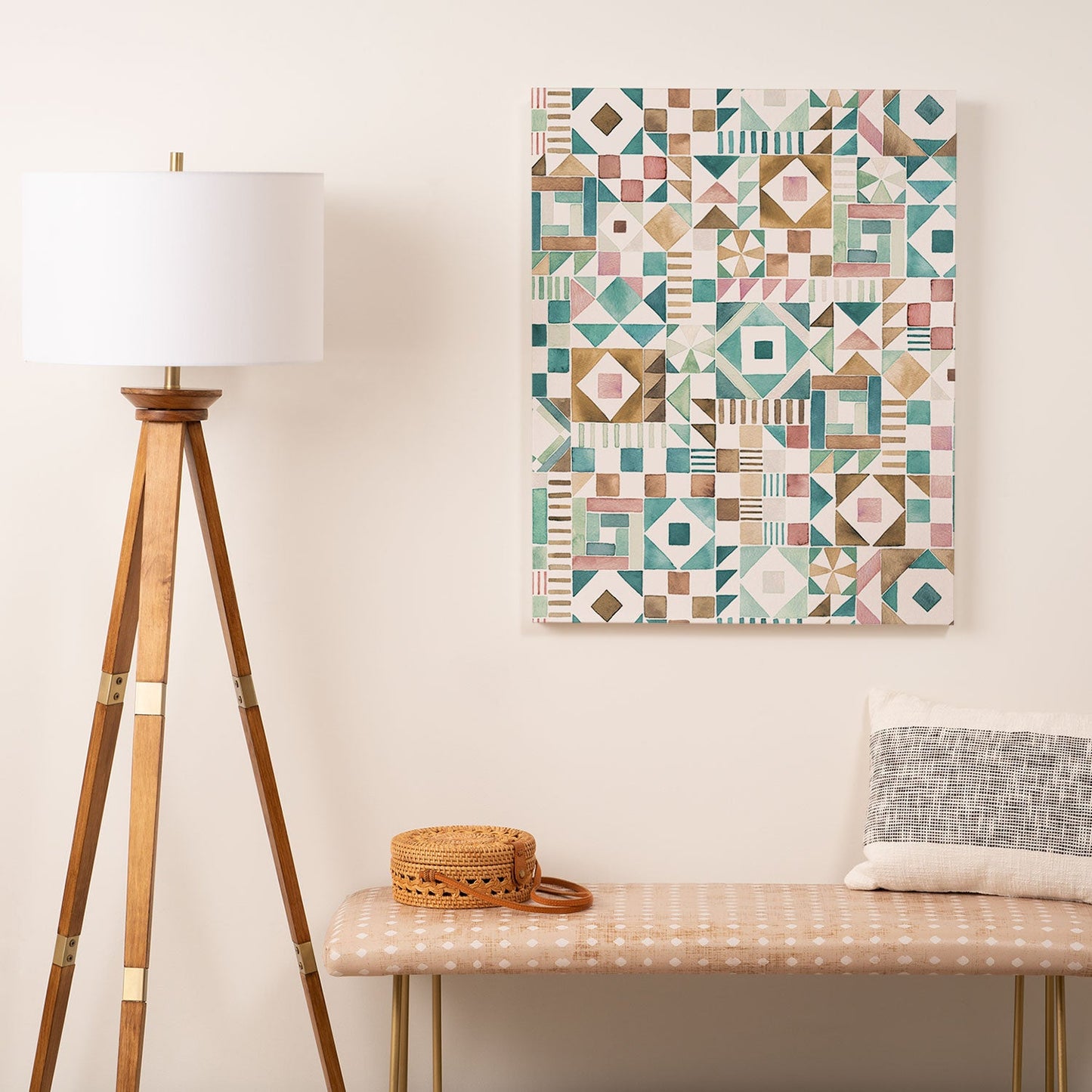Ninola Design Charming Nostalgia Geometric Tiles Patchwork Aqua Pink Gold Art Canvas