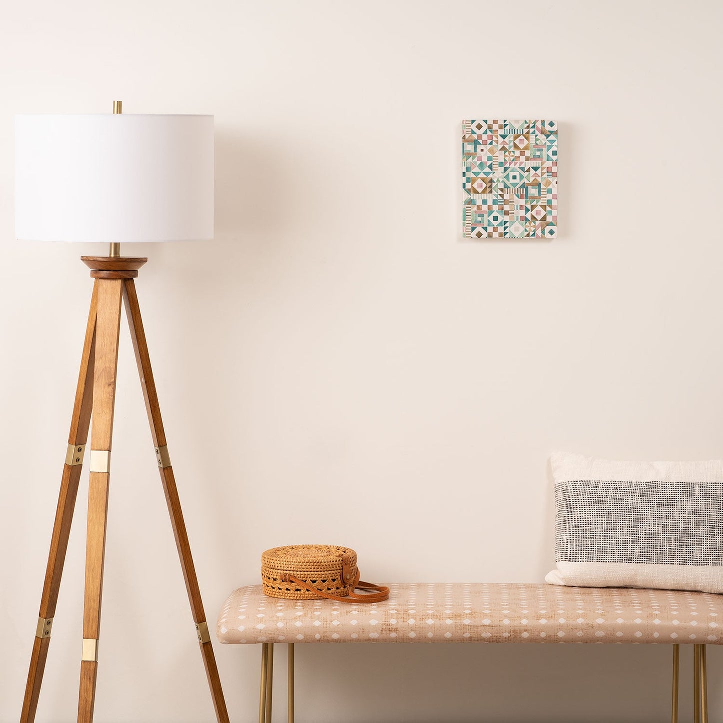 Ninola Design Charming Nostalgia Geometric Tiles Patchwork Aqua Pink Gold Art Canvas