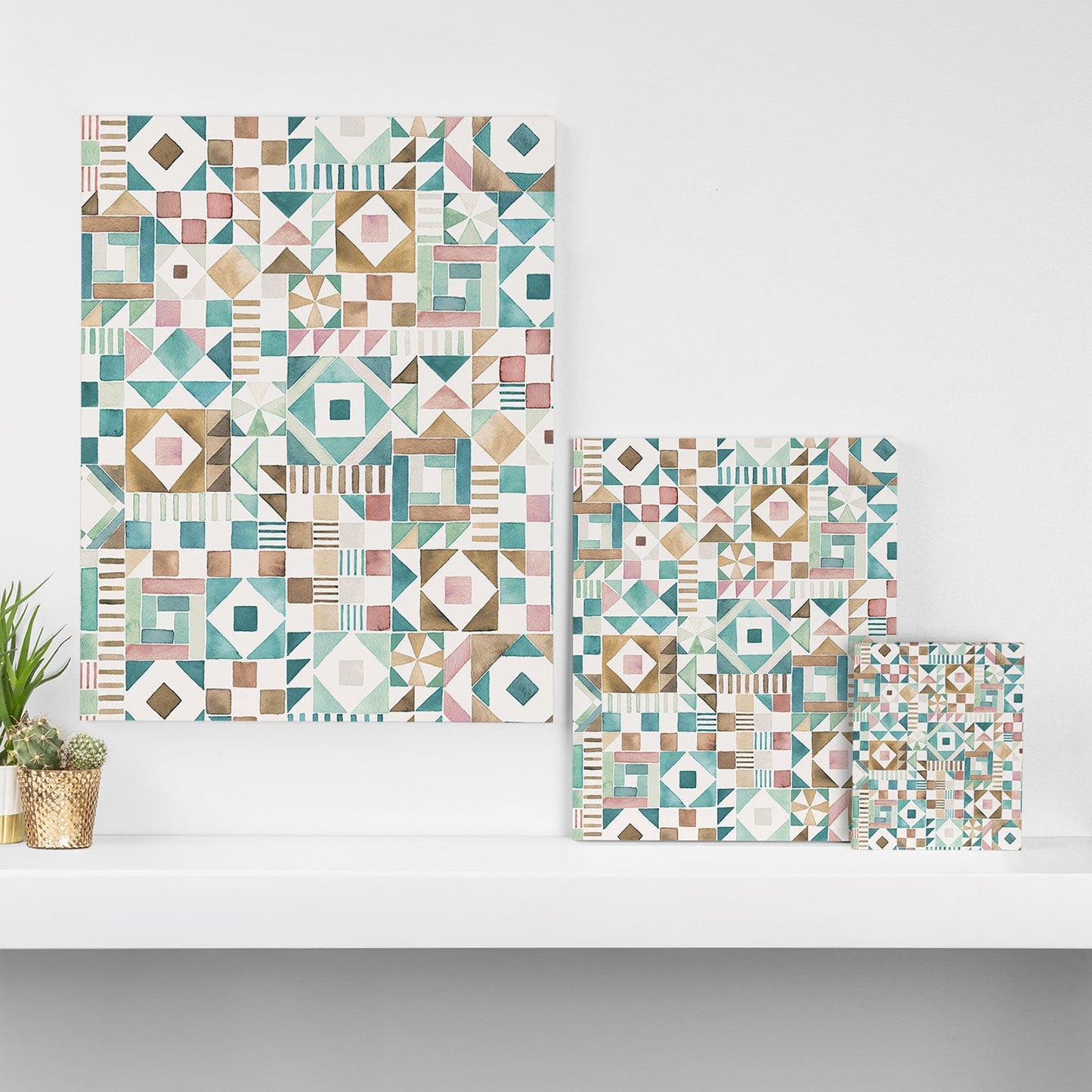 Ninola Design Charming Nostalgia Geometric Tiles Patchwork Aqua Pink Gold Art Canvas