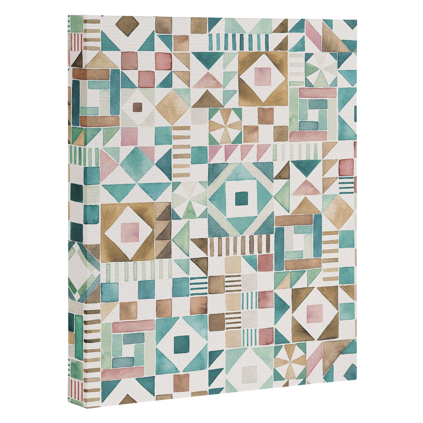Ninola Design Charming Nostalgia Geometric Tiles Patchwork Aqua Pink Gold Art Canvas