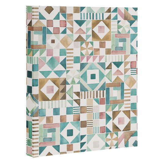 Ninola Design Charming Nostalgia Geometric Tiles Patchwork Aqua Pink Gold Art Canvas