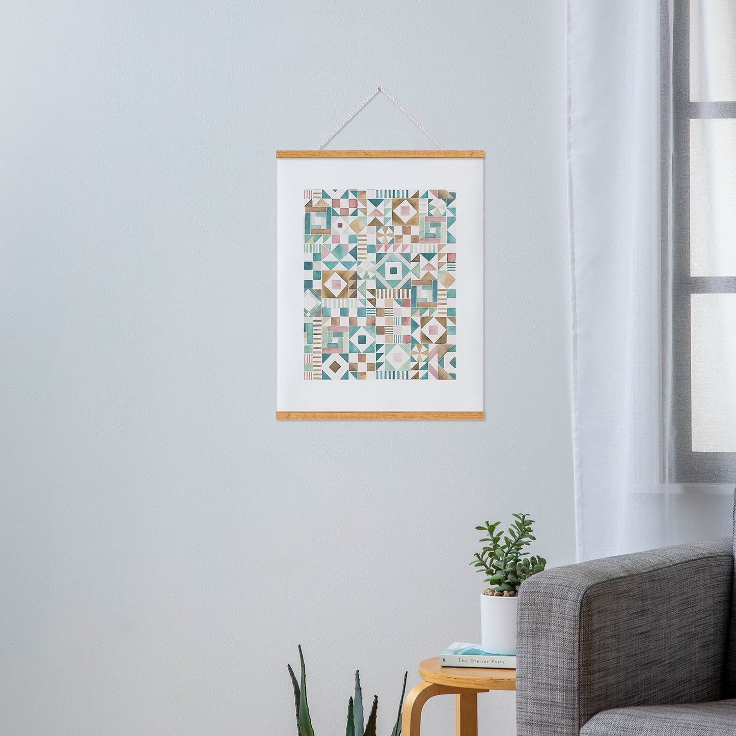 Ninola Design Charming Nostalgia Geometric Tiles Patchwork Aqua Pink Gold Art Print