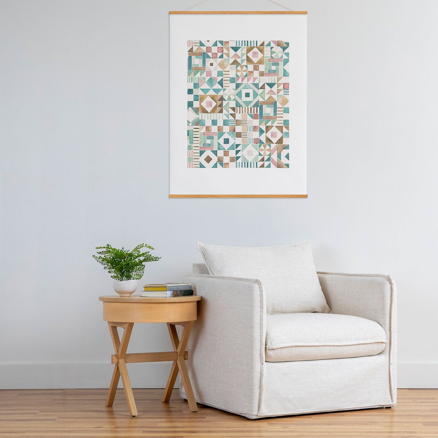 Ninola Design Charming Nostalgia Geometric Tiles Patchwork Aqua Pink Gold Art Print