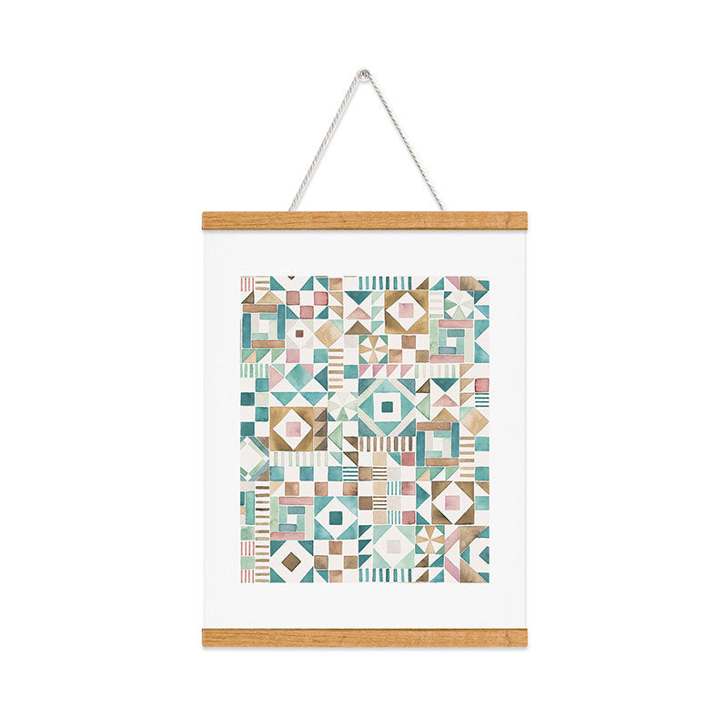 Ninola Design Charming Nostalgia Geometric Tiles Patchwork Aqua Pink Gold Art Print