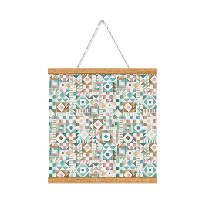 Ninola Design Charming Nostalgia Geometric Tiles Patchwork Aqua Pink Gold Art Print