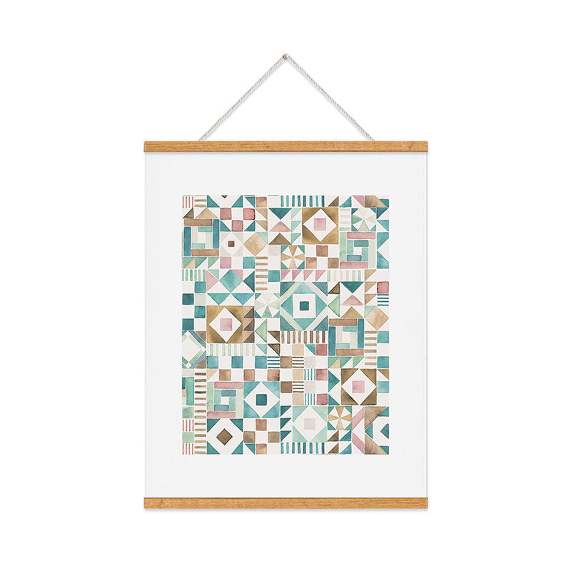 Ninola Design Charming Nostalgia Geometric Tiles Patchwork Aqua Pink Gold Art Print