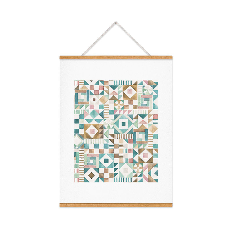 Ninola Design Charming Nostalgia Geometric Tiles Patchwork Aqua Pink Gold Art Print