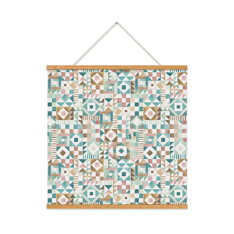Ninola Design Charming Nostalgia Geometric Tiles Patchwork Aqua Pink Gold Art Print