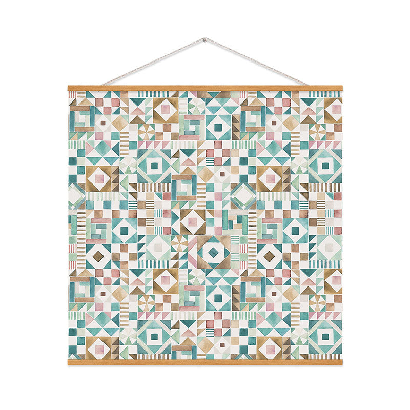 Ninola Design Charming Nostalgia Geometric Tiles Patchwork Aqua Pink Gold Art Print