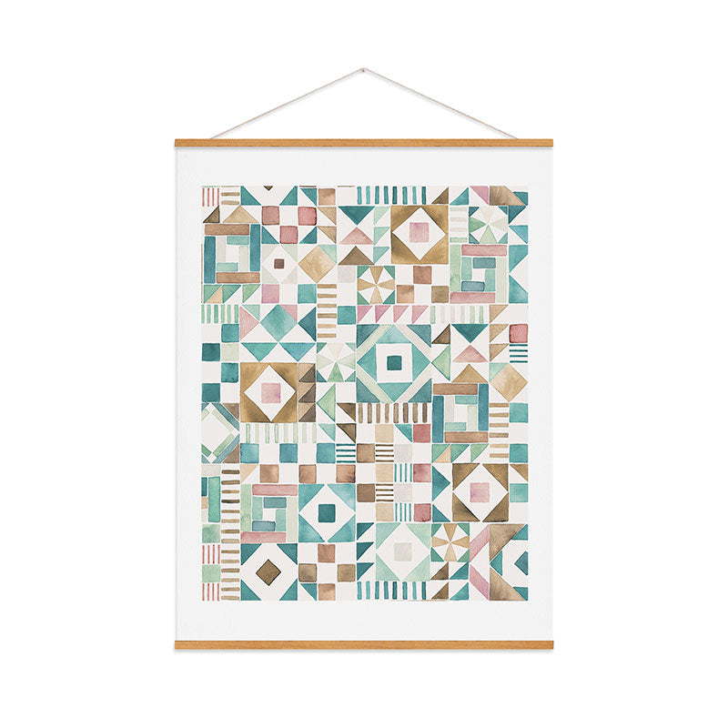 Ninola Design Charming Nostalgia Geometric Tiles Patchwork Aqua Pink Gold Art Print