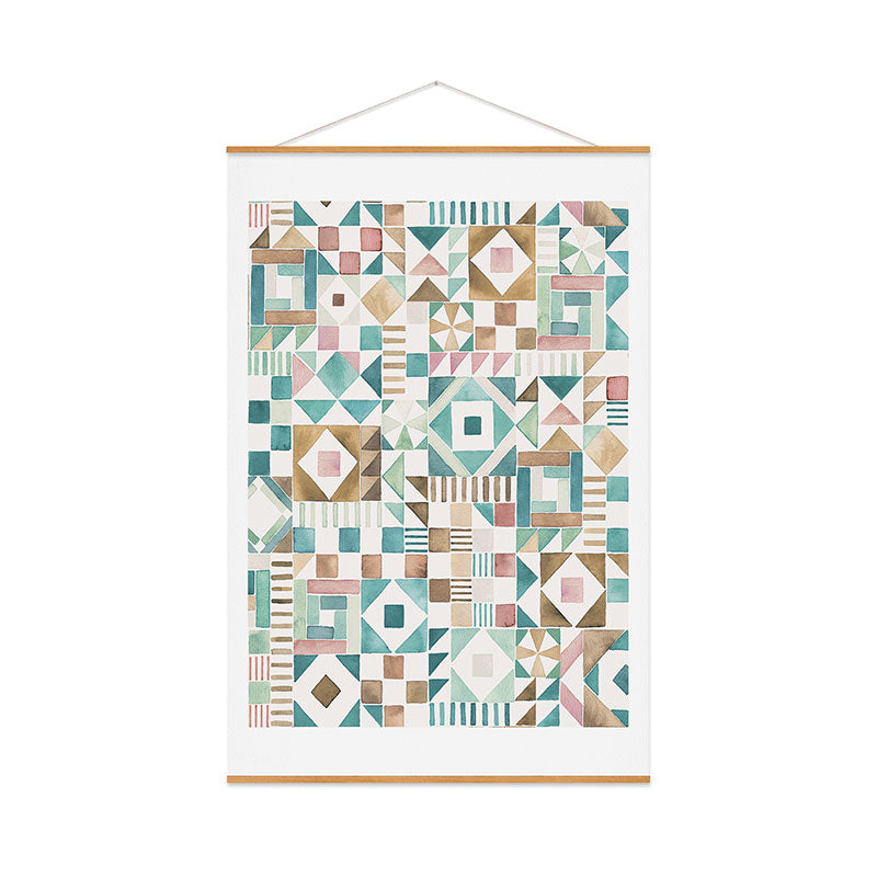 Ninola Design Charming Nostalgia Geometric Tiles Patchwork Aqua Pink Gold Art Print
