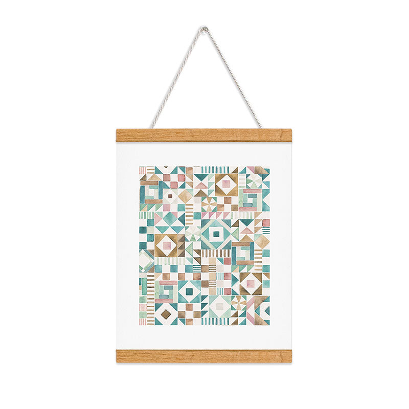 Ninola Design Charming Nostalgia Geometric Tiles Patchwork Aqua Pink Gold Art Print