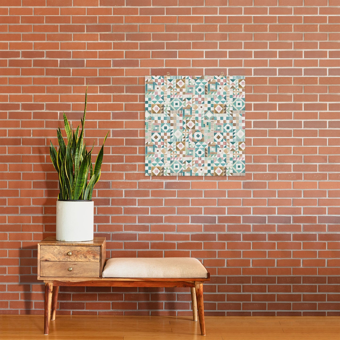 Ninola Design Charming Nostalgia Geometric Tiles Patchwork Aqua Pink Gold Art Print