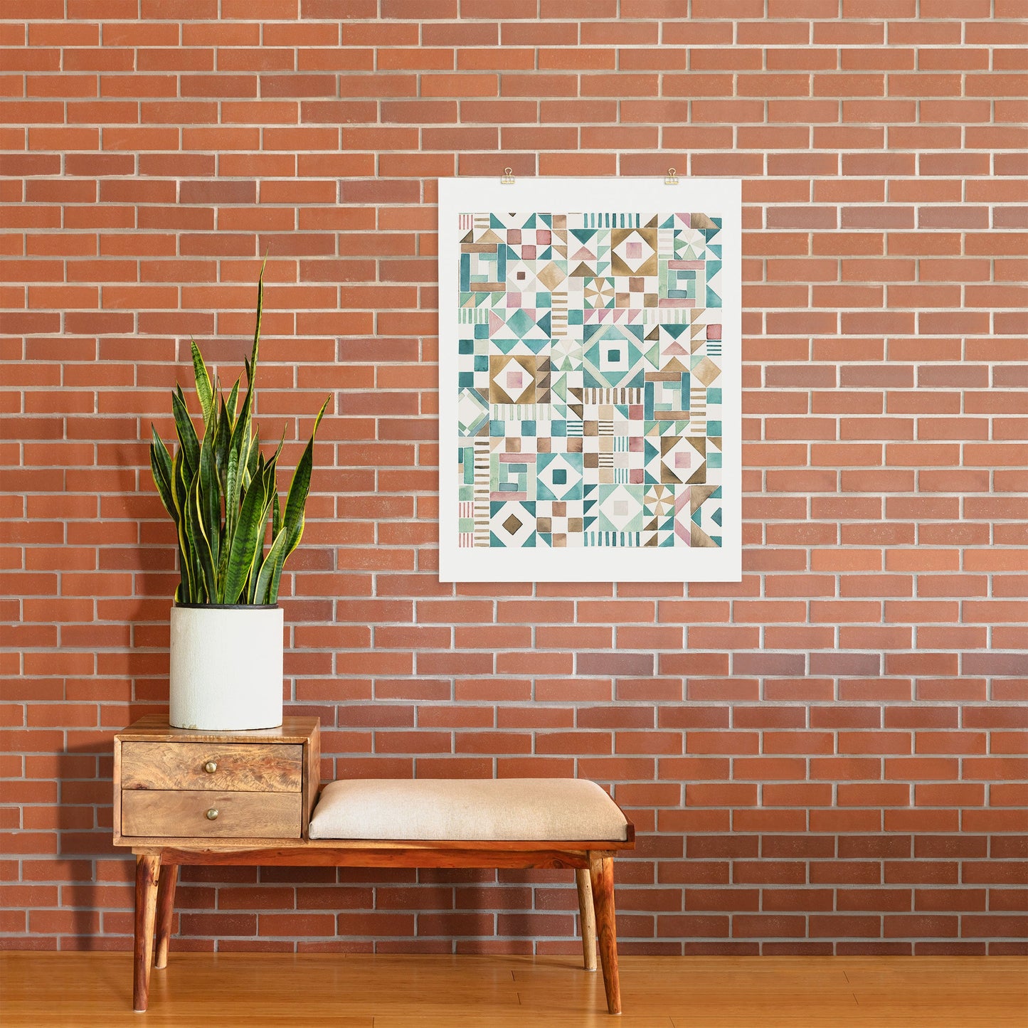 Ninola Design Charming Nostalgia Geometric Tiles Patchwork Aqua Pink Gold Art Print