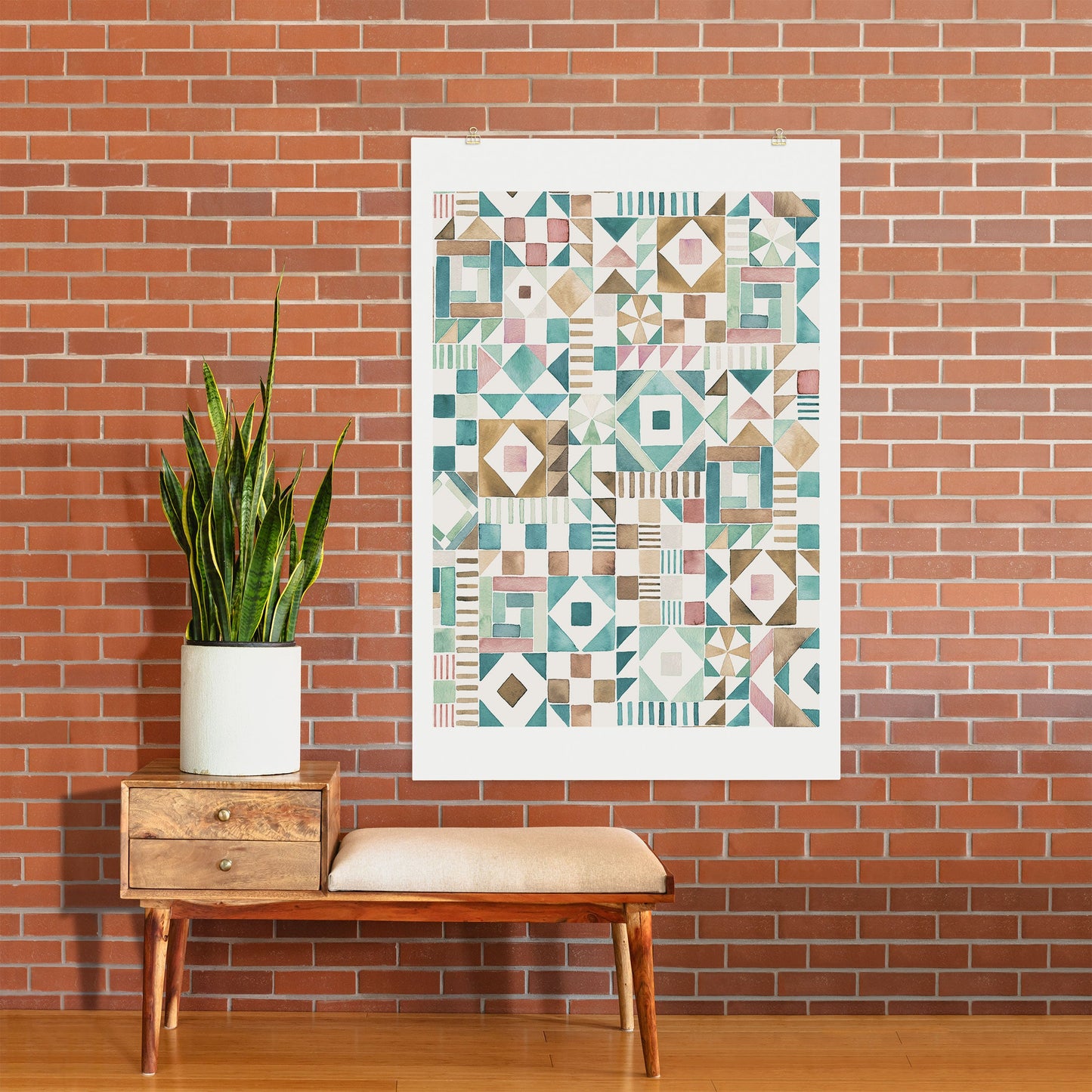 Ninola Design Charming Nostalgia Geometric Tiles Patchwork Aqua Pink Gold Art Print
