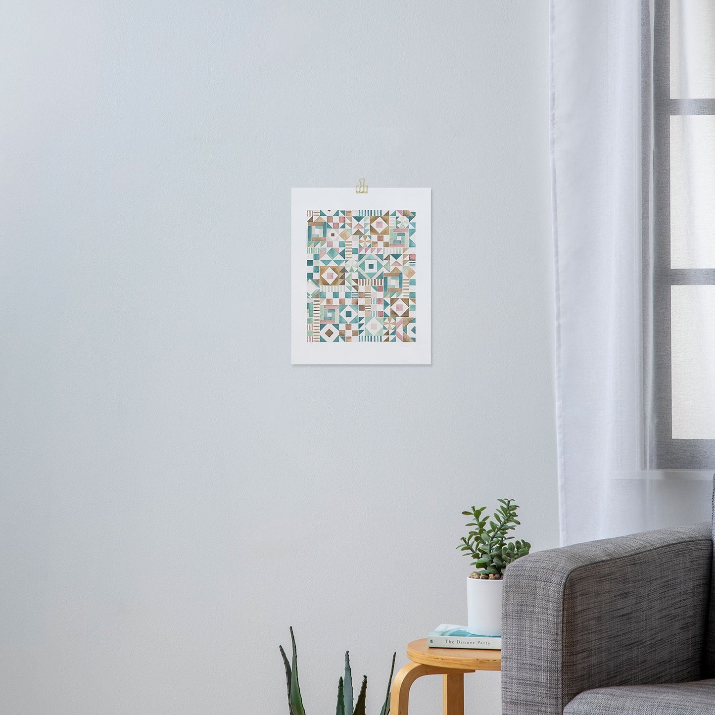 Ninola Design Charming Nostalgia Geometric Tiles Patchwork Aqua Pink Gold Art Print