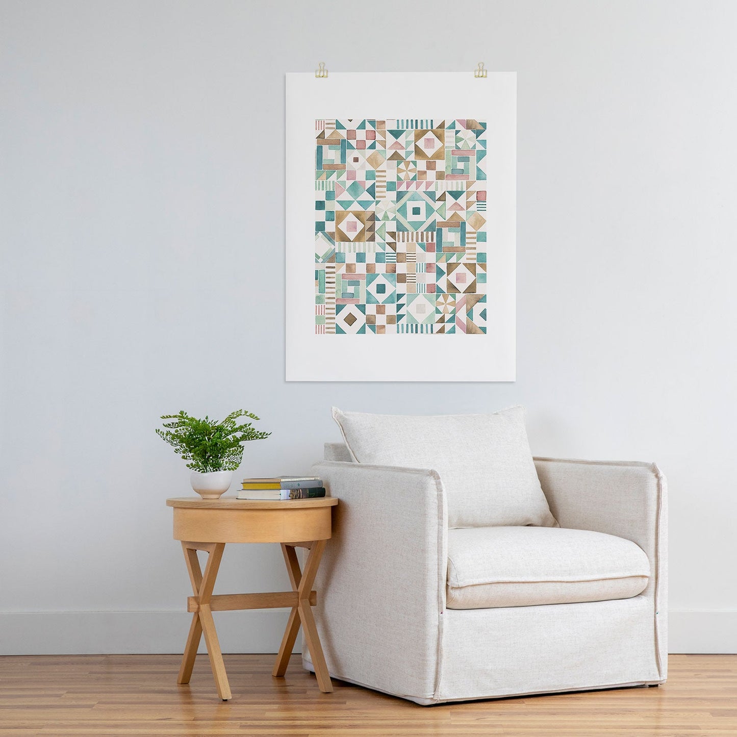 Ninola Design Charming Nostalgia Geometric Tiles Patchwork Aqua Pink Gold Art Print