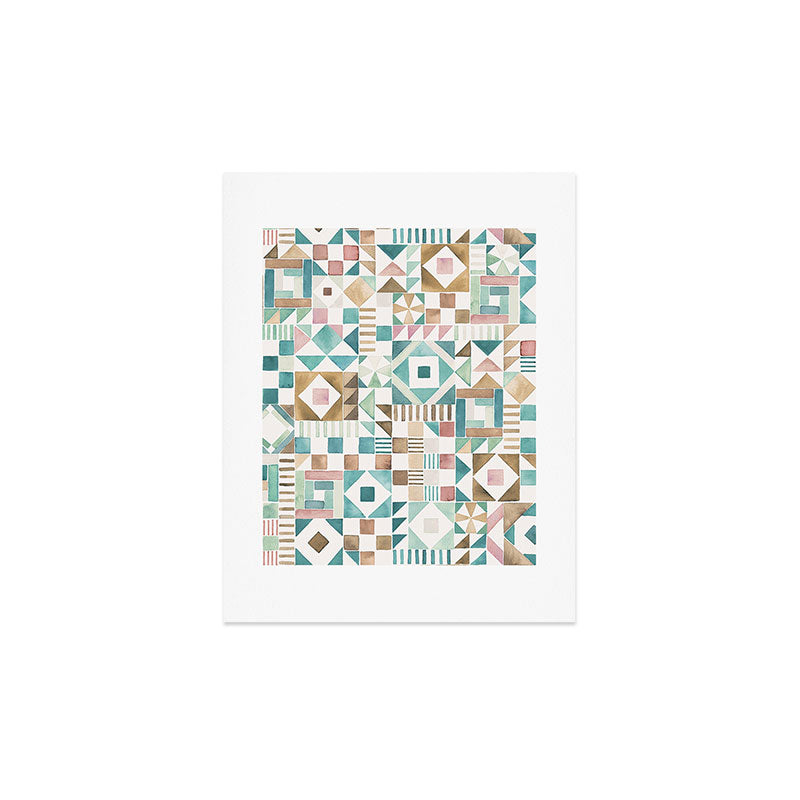 Ninola Design Charming Nostalgia Geometric Tiles Patchwork Aqua Pink Gold Art Print