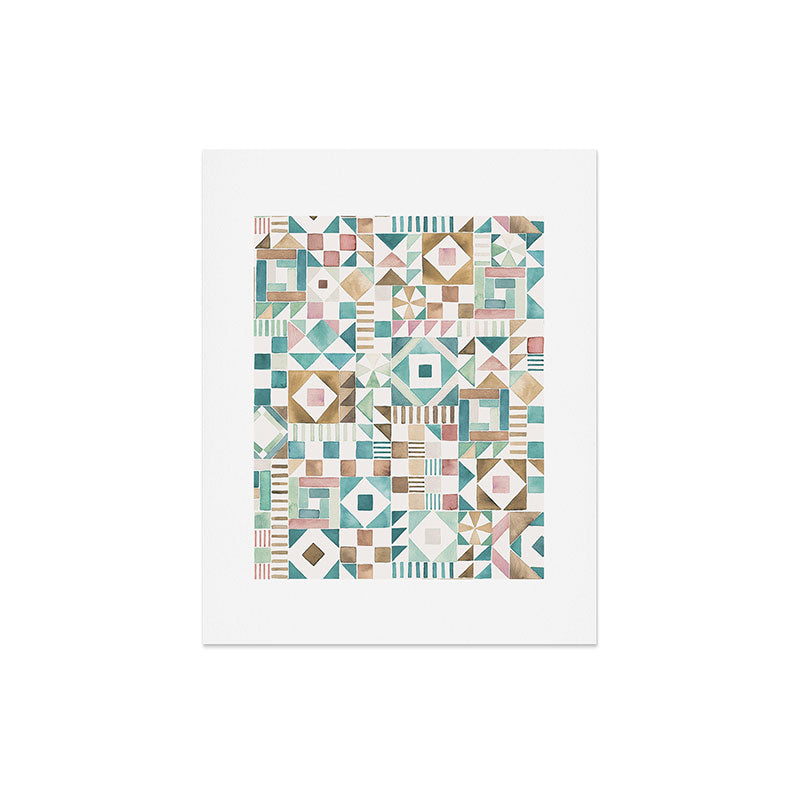 Ninola Design Charming Nostalgia Geometric Tiles Patchwork Aqua Pink Gold Art Print