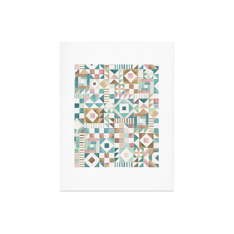 Ninola Design Charming Nostalgia Geometric Tiles Patchwork Aqua Pink Gold Art Print