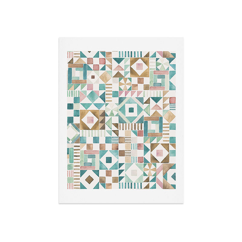 Ninola Design Charming Nostalgia Geometric Tiles Patchwork Aqua Pink Gold Art Print