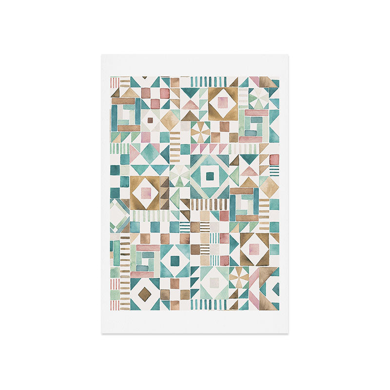 Ninola Design Charming Nostalgia Geometric Tiles Patchwork Aqua Pink Gold Art Print