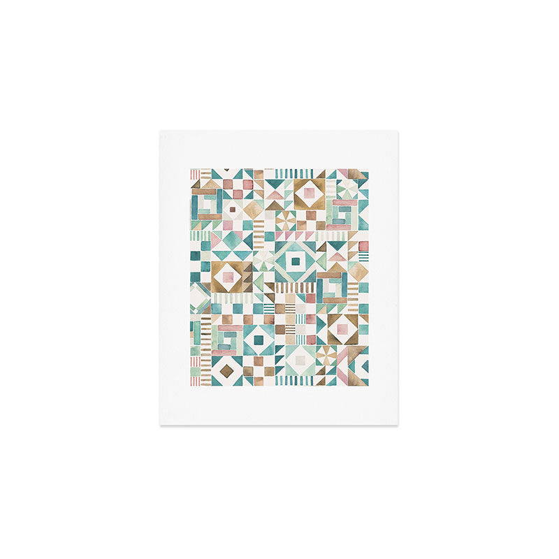Ninola Design Charming Nostalgia Geometric Tiles Patchwork Aqua Pink Gold Art Print