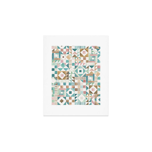 Ninola Design Charming Nostalgia Geometric Tiles Patchwork Aqua Pink Gold Art Print