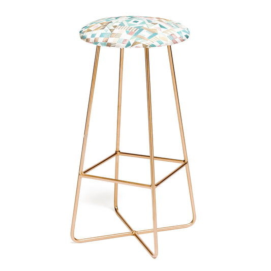 Ninola Design Charming Nostalgia Geometric Tiles Patchwork Aqua Pink Gold Bar Stool